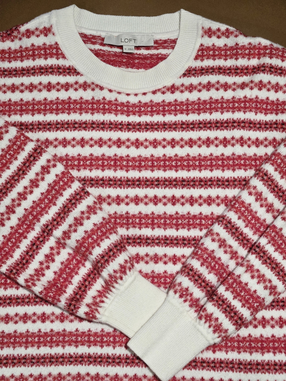 LOFT Red White Fair Isle Crewneck Sweater Soft Knit Cozy Size M